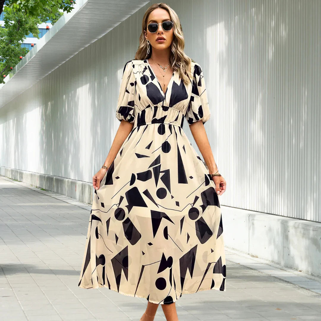 Sienna - Classic Midi Dress with Puff Sleeves