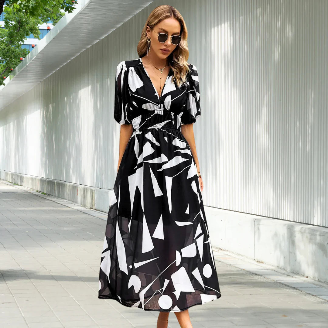 Sienna - Classic Midi Dress with Puff Sleeves